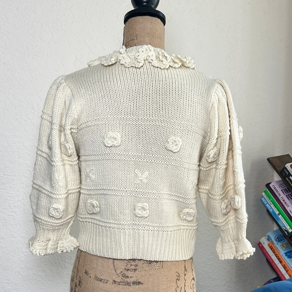 Zara Cream Textured Ruffle-Trim Button Cardigan - Picture 5 of 10